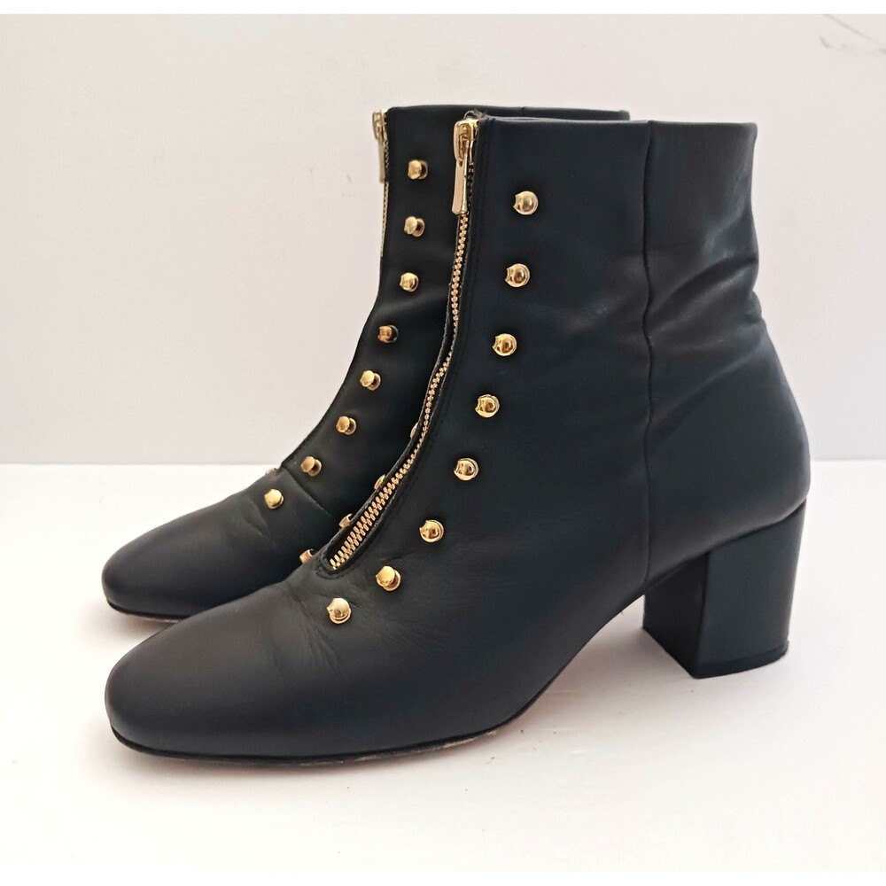 An Hour and A Shower Blk Leather Bootie Gold Studs Zipper Block Heel 40 US 9 - Picture 7 of 11